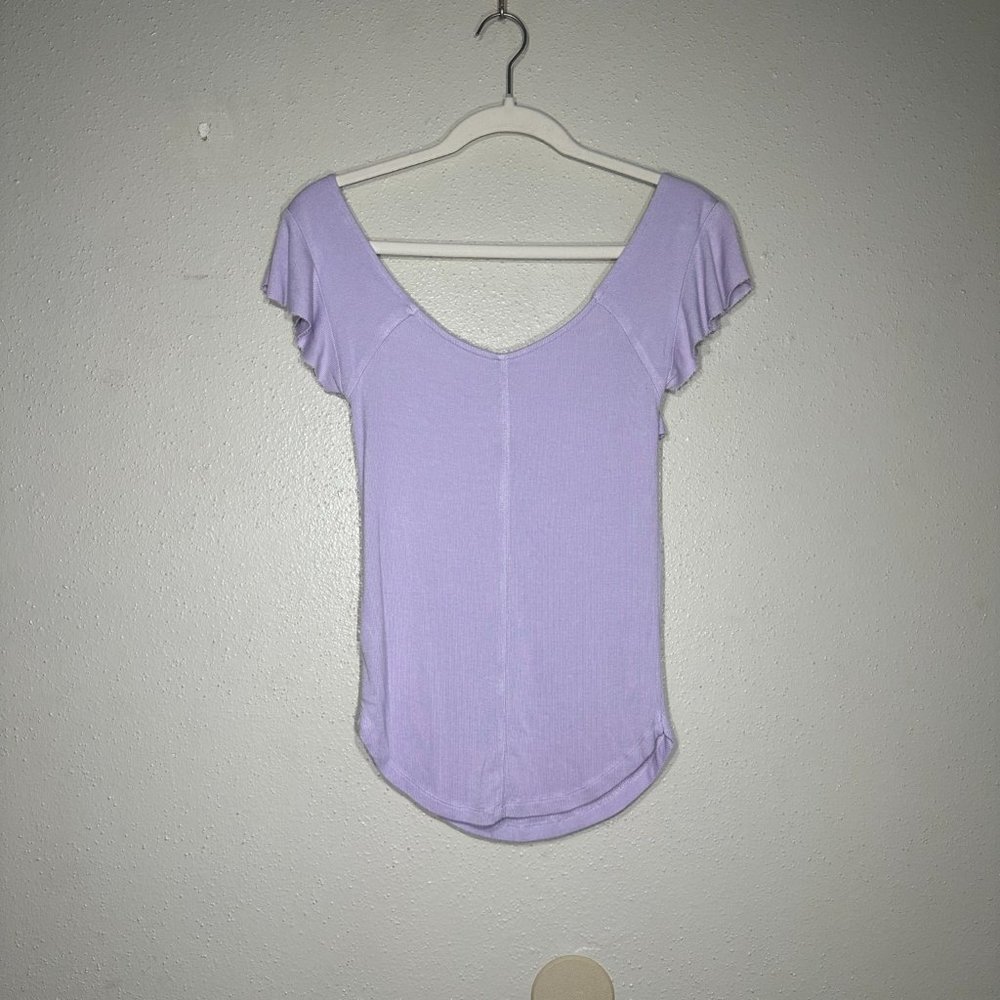 Free People Last Call Ribbed Ruffle Square Neck Flounce Top - Picture 2 of 3